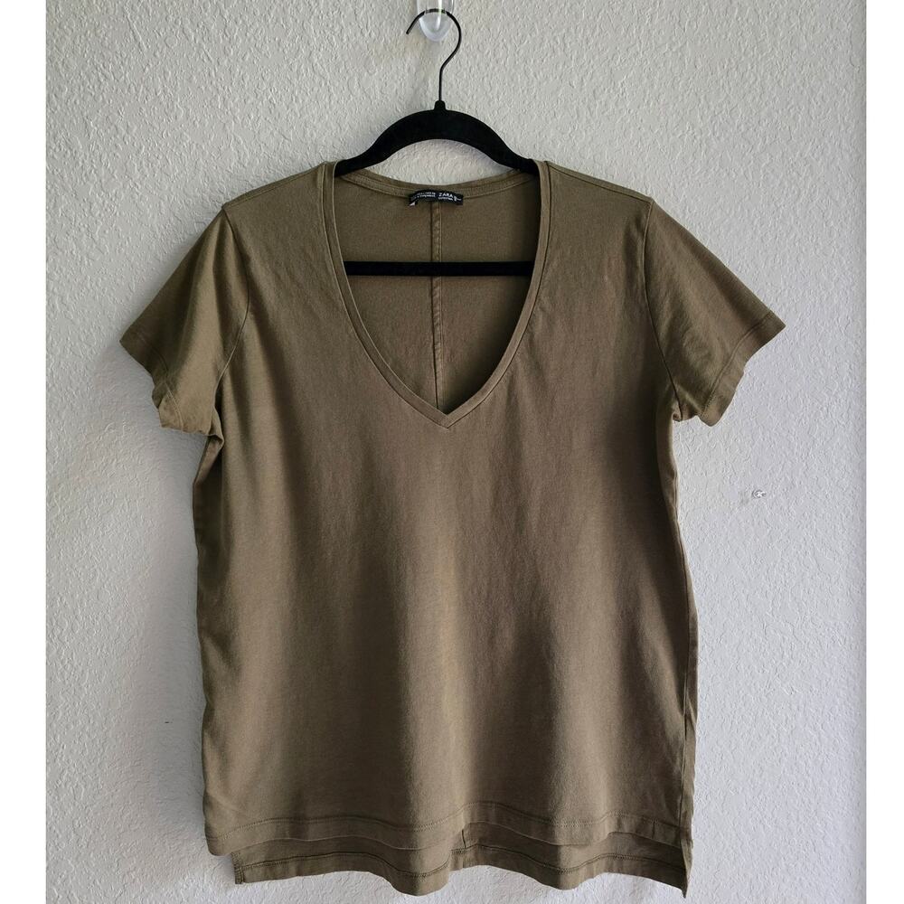 Zara Olive Green V‑Neck Tee - Large